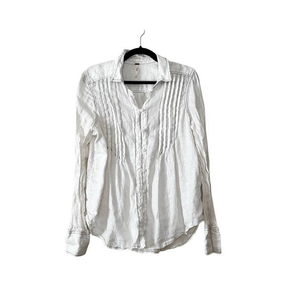FREE PEOPLE Linen Off White Button Down Boho Shirt Sz L - Picture 1 of 5